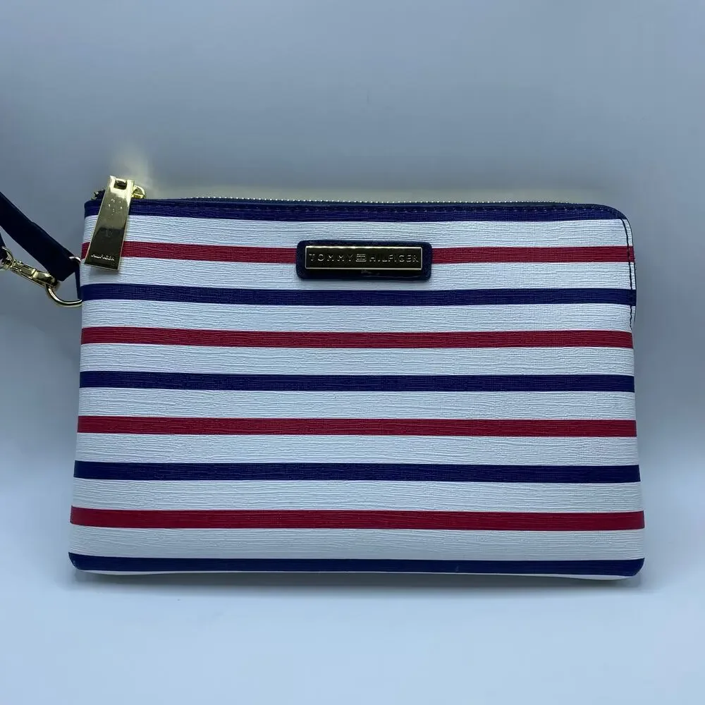 Tommy Hilfiger Striped Leather Pouch Americana Clutch Wristlet Y2K Coastal Chic